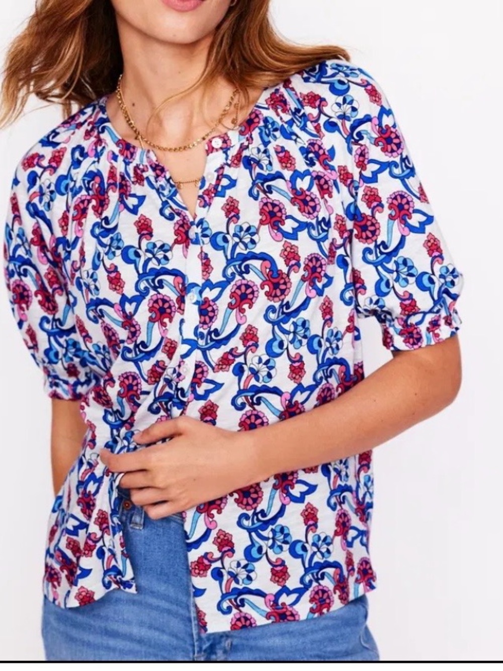 Boden Isla Jersey Shirt Top Size 2 Floral Button Down Short Sleeve Feminine